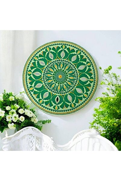 Ezera Hand-painted Mandala Painting in Green and Yellow Ochre with Mirrors, 4...