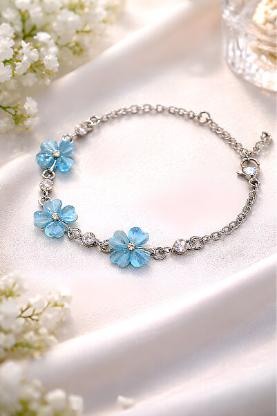 The Collection Mavi Cam Opal Yonca Model Bileklik Ayarlanabilir Kadın Bileklik