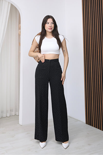 macharel jeans Women's New Season High Waist Classic Stoned Black Fabric Trou...
