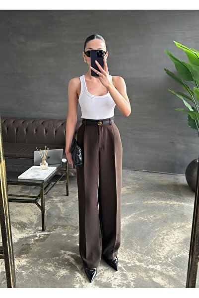 solena sln Women's High Waist Fabric Palazzo Brown Trousers - Belt Not Included