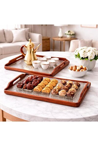 Generic Wooden Serving Tray Set with Hammered Glass Base and Side Handles