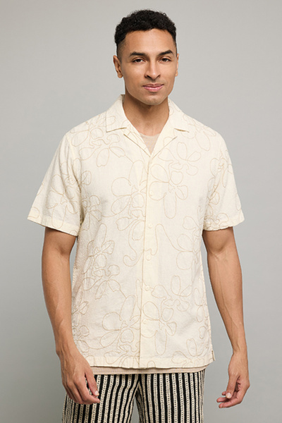 R&B Embroidered Shirt With Revere Collar And Short Sleeves