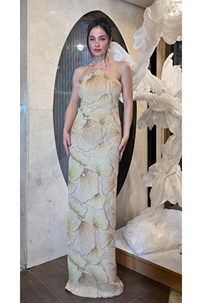 SpringStore Bej Yakası İp Askılı İşlemeli Abiye