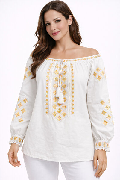 Nobrand Romanian white blouse with traditional gold embroidery – Premium ethn...