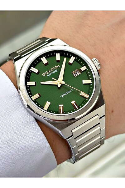 Quantum Silver-Green Color Sapphire Glass Steel Band Steel Case Men's Wristwa...