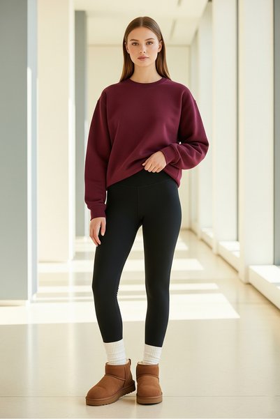 MAXIMILLIAN Kadın Oversize Bisiklet Yaka Pamuklu Basic Sweatshirt BORDO