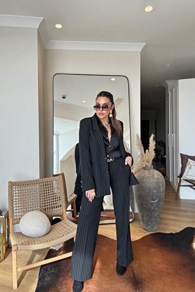 Sohotique By P Striped Woven Fabric Metal Button Suit Black