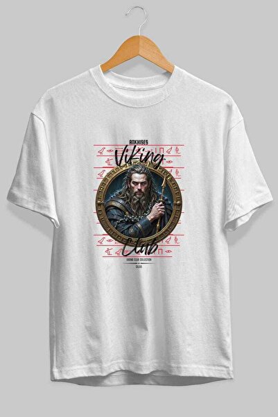 Ankhises Tricou Viking Mythology 12 cu imprimeu frontal, alb, supradimensiona...