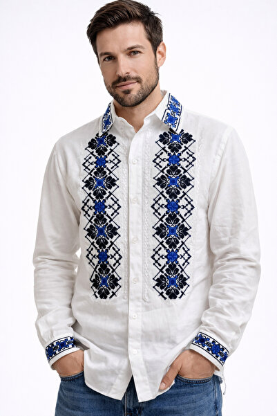 Nobrand Traditional Romanian men's white shirt with blue-black embroidery, au...