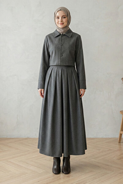 FERHEL Women's Pleated Hijab Skirt with Zipper Pockets - Smoked