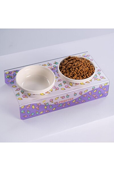 Pawstar Ice Cream Dondurma Desenli-İkili Seramik-Pleksi Mama ve Su Kabı-Kedi ...