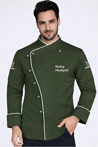 Üniformanya Jachetă de bucătar verde kaki cu nume și cadou Jachetă de bucătar...