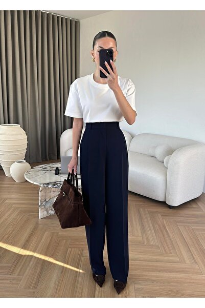 solena sln بنطلون نسائي عالي الخصر من قماش بالازو باللون الأزرق الداكن - لا ي...