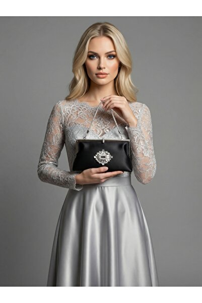 Wedding Fashion Black Color Satin Soft Leather Metal Stone Pearl Detailed Cha...