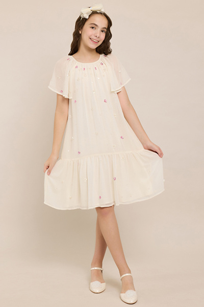 R&B Embroidered A-Dress With Crew Neck And Flared Sleeves