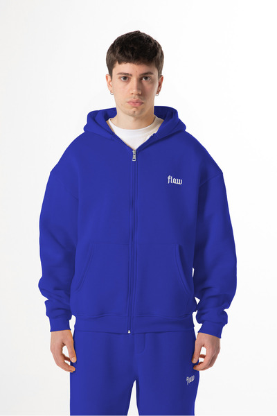 Flaw Wear Flaw Embroidered Saks Blue Zip Hoodie