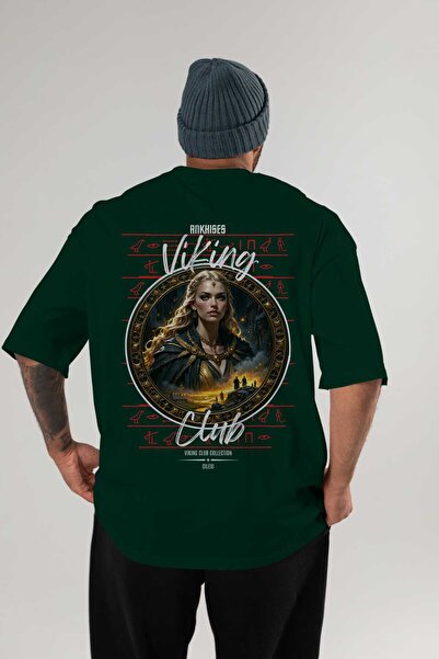 Ankhises Tricou Viking Mythology 1 cu imprimeu pe spate, verde, supradimensio...