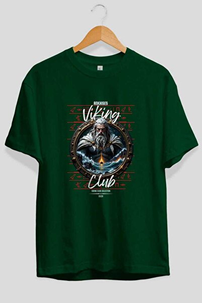 Ankhises Tricou Viking Mythology 13 cu imprimeu frontal verde oversize Bărbaț...
