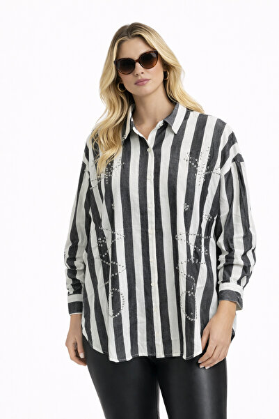 Butik Ayseba Women's Black and White Striped Patterned Studded Oversize Shirt