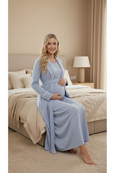 PREGNANT WORLD New Season Blue Melange Shawl Collar Design Short Sleeve Butto...