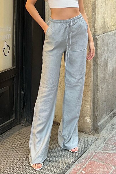 LEONE KOLEKSİYON Women's Gray Linen Blend High Waist Elastic Waist Loose Cut ...