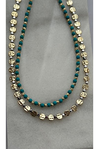 mibrillo Dorica Turquoise Beads and Silver Detailed Sequin Pendant Double Nec...