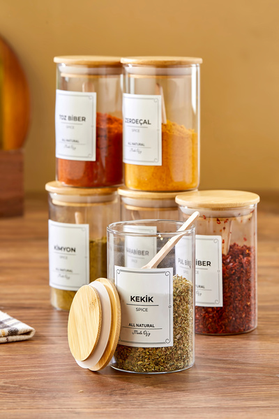 MODA OZY 6-Piece 250 ml Bamboo Vacuum Lid Borosilicate Spice Set with Spoon (...