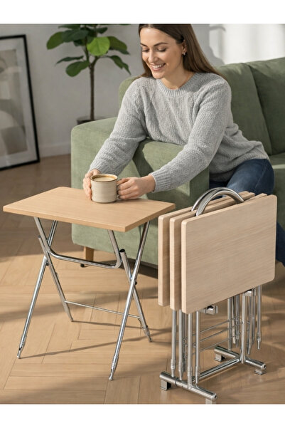 Boboco 4'lü Katlanır Mdf Mebran Koyu Ahşap Desen Çanta Zigon Sehpa Krom Ayak ...
