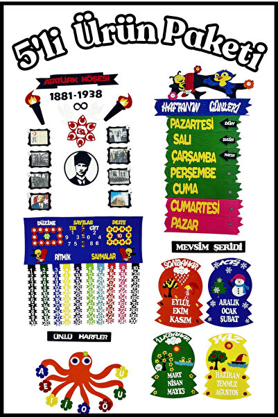 Keçebahçesi Kayseri 5’li Sınıf Keçe Panoları Seti, 1. Sınıf Materyal, Tüm İlk...