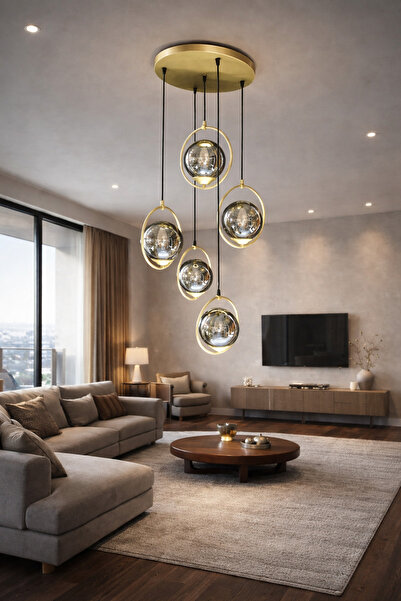 TREND KAFKAS – Orion 5’li statik Gold Halka Füme Cam Sarkıt Avize