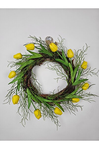 EVİMTATLIEVİM إكليل زينة للباب مصنوع يدويًا من زهور التوليب الصفراء، إنتاج خا...