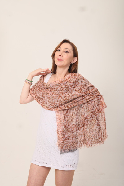 Mystic Shawl %100 Pamuk Kiremit Rengi Çiçek Desenli Çift Taraflı Şal (70x180 cm)