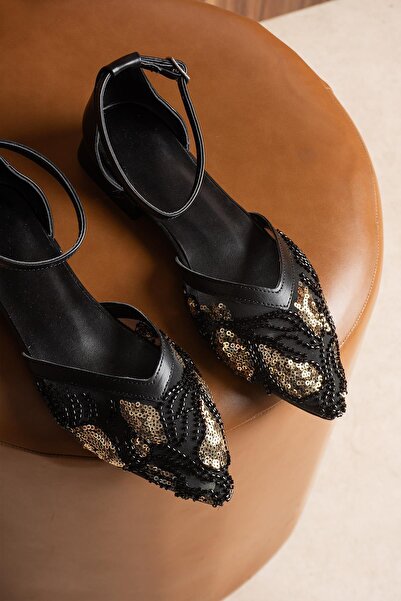 BeBeQ Store Nelly Black Patterned Satin Bead Detailed Flat Sole Women's Balle...