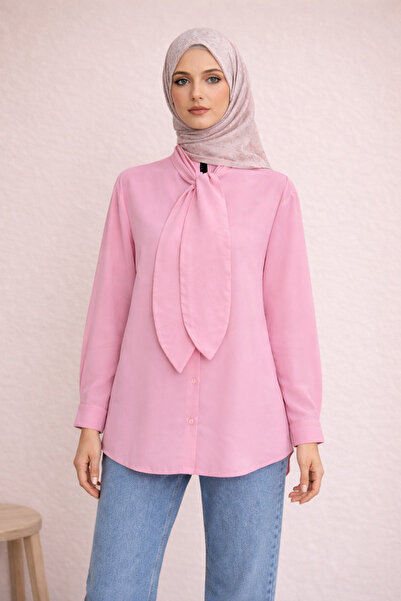 FERHEL Scarf Collar Buttoned Relax Fit Hijab Shirt Minimal Stylish Blouse - Pink