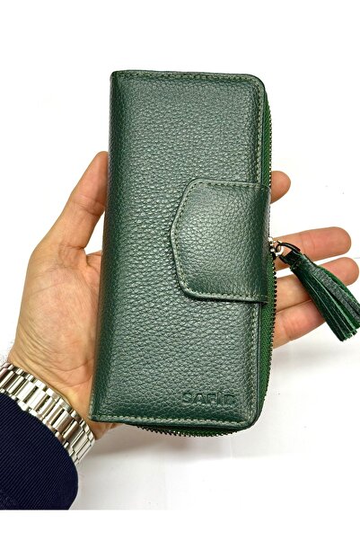 SAFİR Hakiki Deri Kadın Cüzdan - Çok Bölmeli - Şık ve Kullanışlı Yeşil (19X9CM)