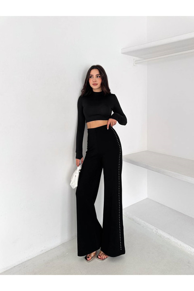 ceymoda Kadın Yanı Taşlı Bol Paça Çelik İnterlok Wide leg Pantolon