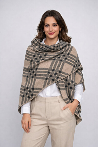 Sebir Moda Checkered Patterned Double-Sided Knitwear Triangle Shawl