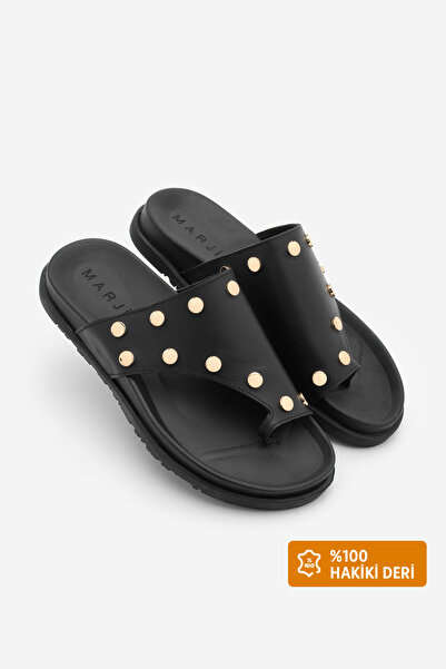 Marjin Women's Genuine Leather Flip-Flop Slippers with Straps and Studs, Nobi...