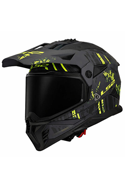 LS2 PIONEER 2 CRAZY MAT SİYAH-GRİ-NEON SARI KASK (SİYAH VİZÖR)