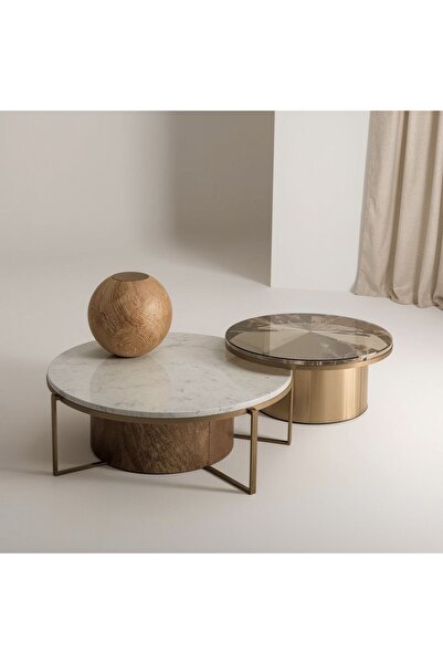 Grand CNS Group DIALOGUE 2'li Doğal Mermer Sehpa, Krom ve Ceviz Ayaklı, Özel ...
