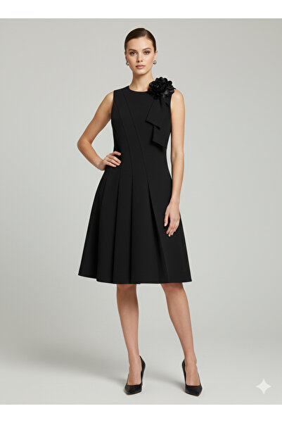 Ekol Çiçek Detaylı Pileli Elbise 6136