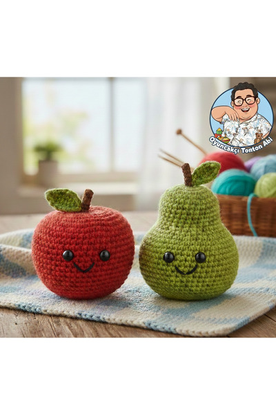 GÜVEN DTM Amigurumi Oyuncak Örgü Organik Oyuncak Meyve 2li Elma Armut Figürü