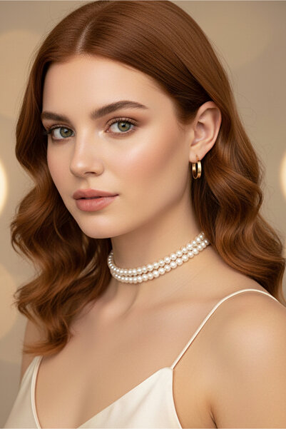 Happyline İnci Choker Kolye, Tasma Kolye, Şık Tasarım Kolye, Cam İnci İki Sır...