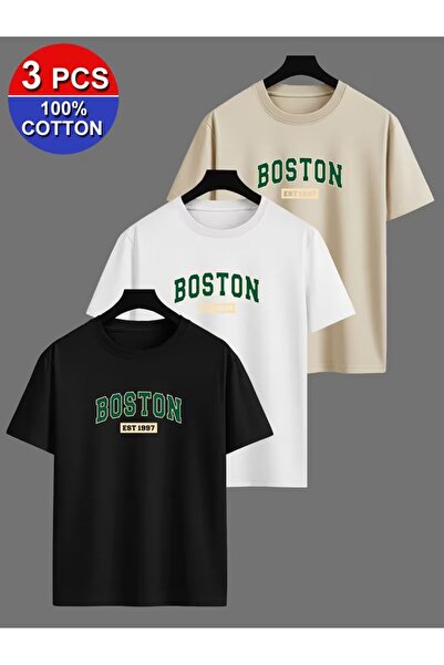 PAVRO Unisex Oversize Fit Multi T-Shirt Boston Printed Tshirt