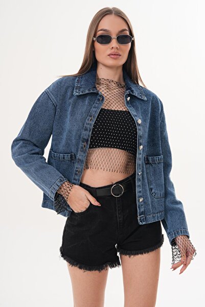 ŞİMAL Γυναικείο τζιν μπουφάν με διπλή τσέπη και λεπτομέρειες 260190