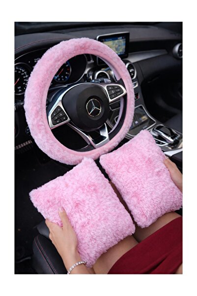 Arabasına Aşıklar Kulubü Şeker pembe peluş direksiyon kılıfı ve 2 yastıklı set