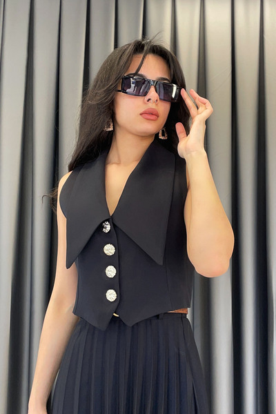 Gökkuşağı سترة بياقة منديل وأزرار ذهبية - أسود