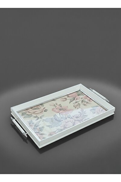 FARALYAHOME Decorative Luxury Tray 49X30X4 cm White Fabric Rose Pattern Prese...