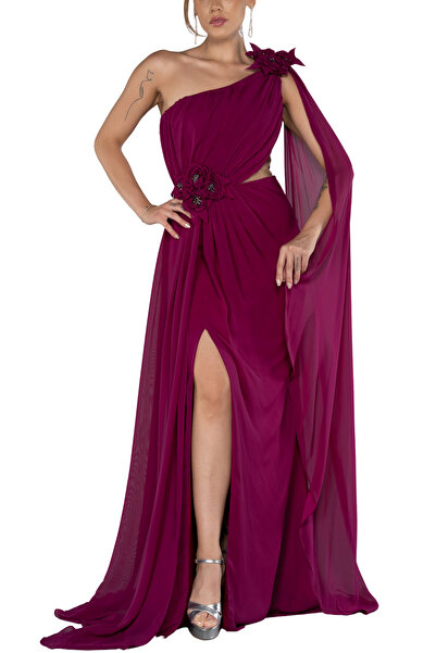 Arden Uzun Abiye, Şifon Tek Omuz Yırtmaçlı Drapeli Nişan, Mezuniyet, Nişan El...