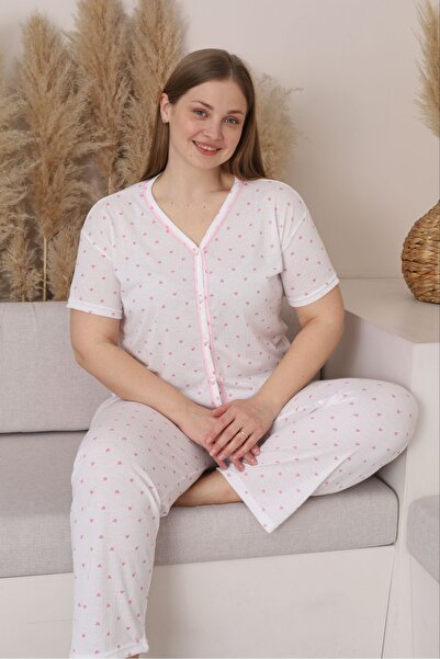 FORVENS Alaçatı Fabric Patterned Large Size Women's Short Sleeve Buttoned Paj...